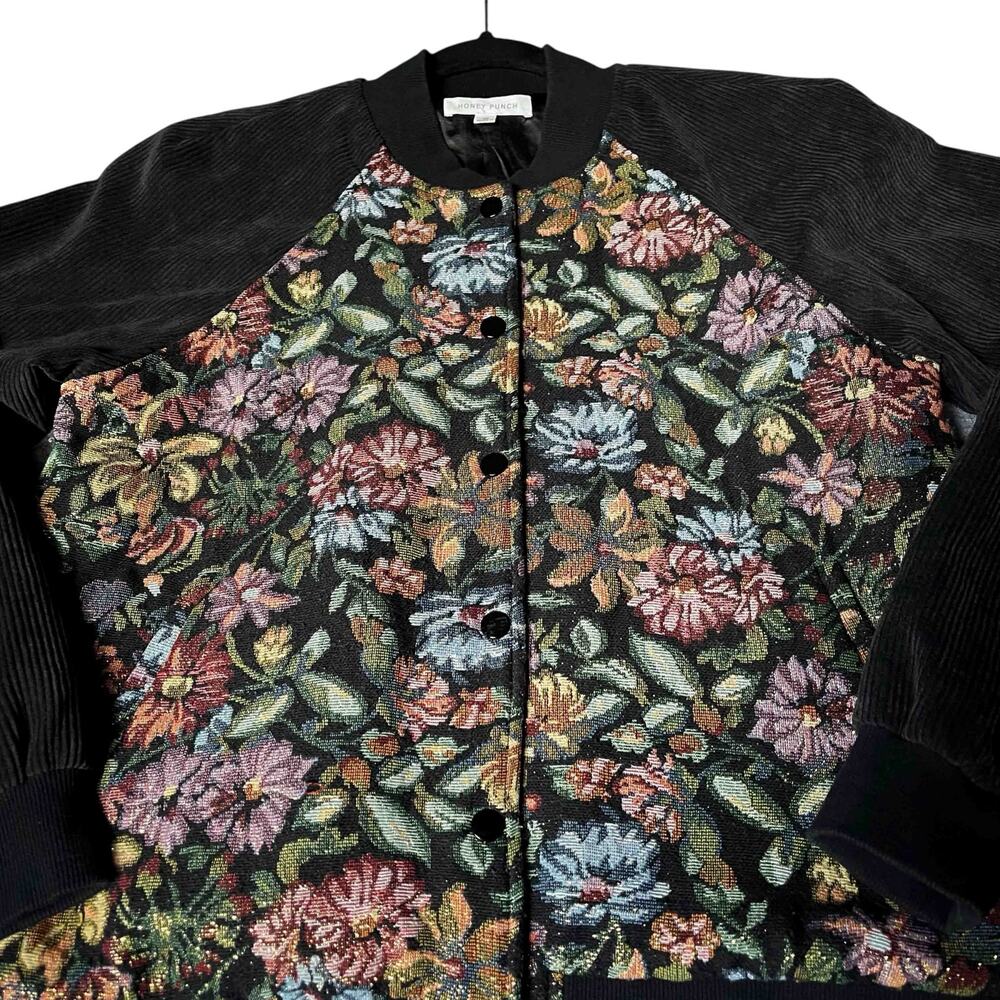 Honey Punch Women's Floral Tapestry Bomber Jacket Corduroy Sleeve Black Size M - Picture 2 of 8